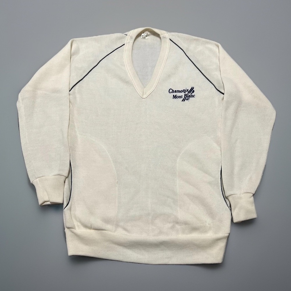 Vintage Rare Mens White Chamonix Mont Blanc Embroidered V-Neck Knit Sweater M